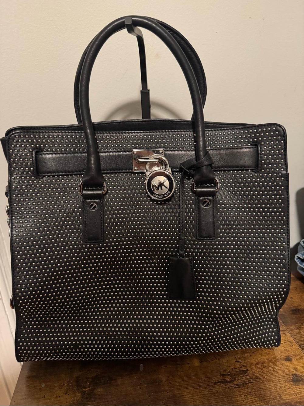 Michael Kors Black Studded Leather Tote with MK Lock